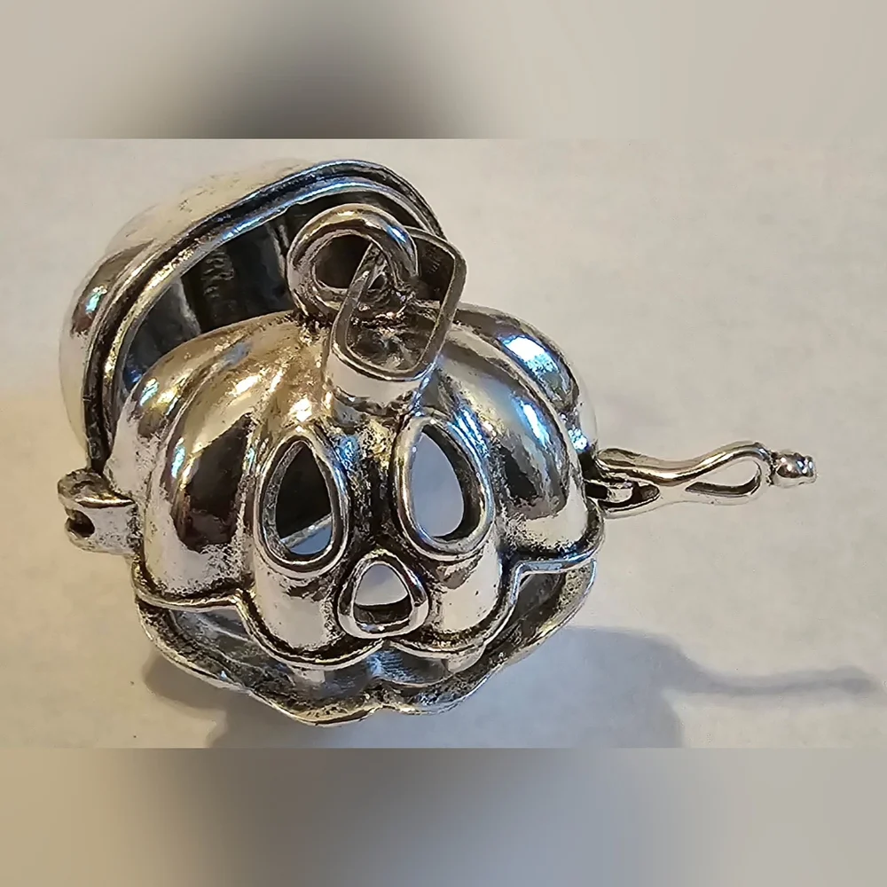 Halloween Silver Color Pumpkin Cage with 10mm Black Obsidian Gemstone Necklace - Picture 10 of 11